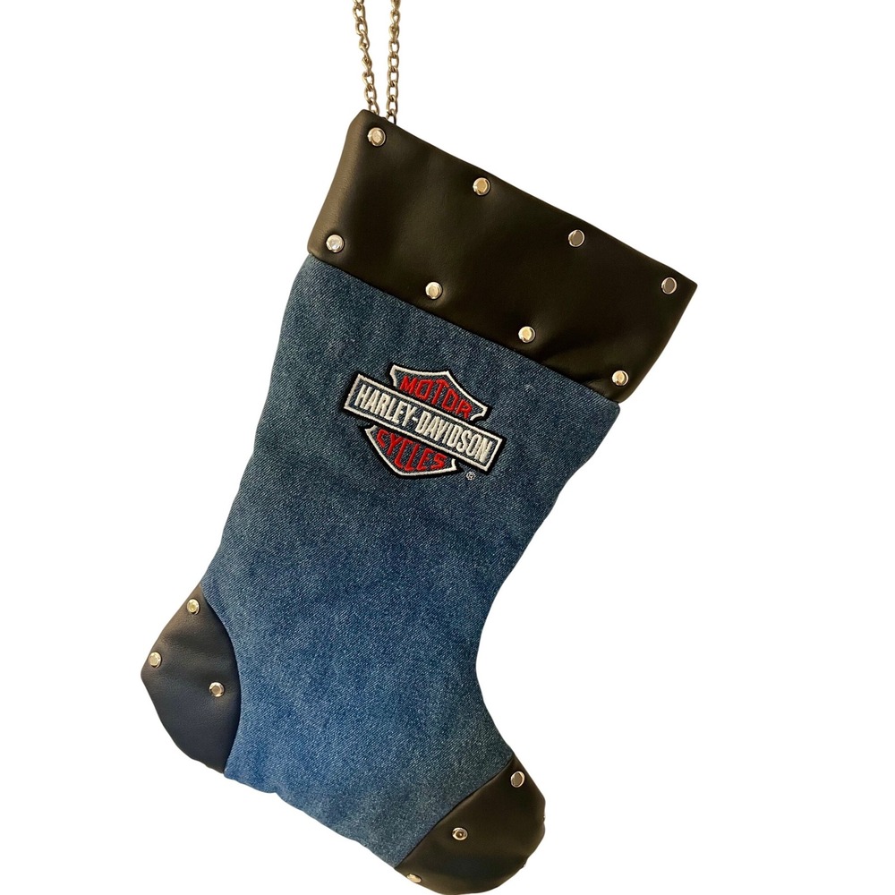 Vintage 2001 Harley Davidson Denim Christmas Stocking Faux Leather Trim Studded